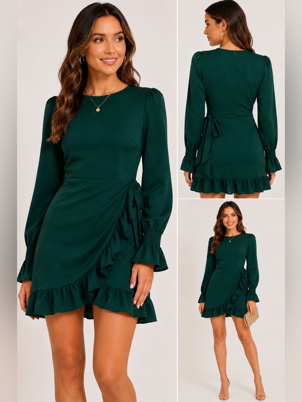 Feager Emerald Green Long Sleeve Ruffle Hem Mini Dress Side Tie Size Medium